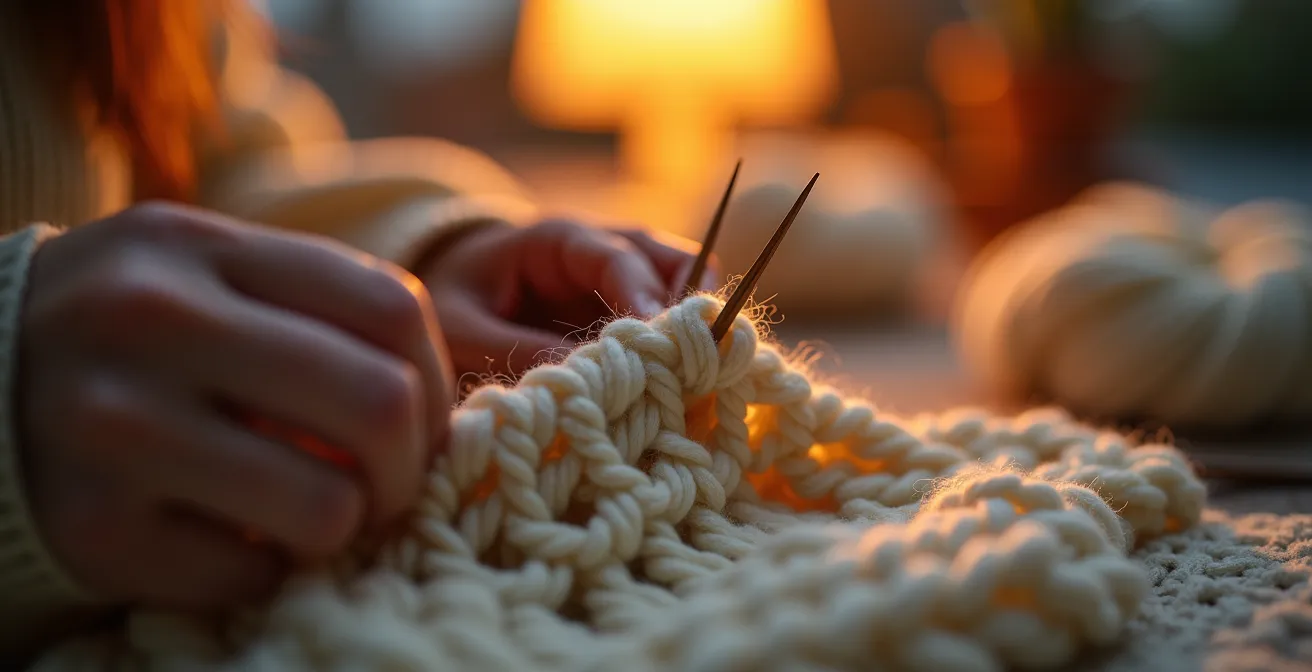 Personne tricotant paisiblement le soir dans un fauteuil confortable éclairé par une lampe douce