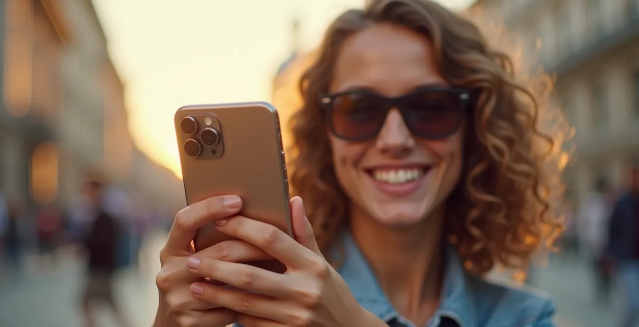 Adolescent souriant envoyant une photo de voyage à ses parents depuis un lieu touristique, illustrant une communication positive.