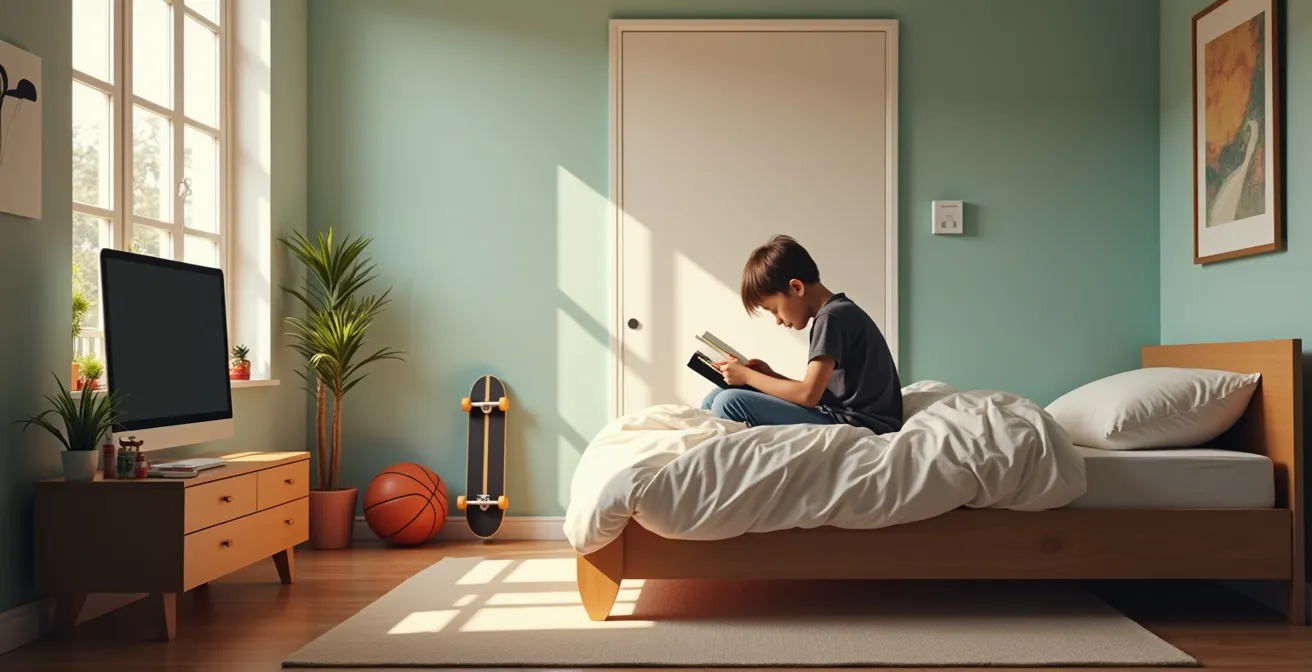 Adolescent dans sa chambre avec différents écrans éteints et des livres et un skateboard visibles, suggérant un équilibre d'activités.