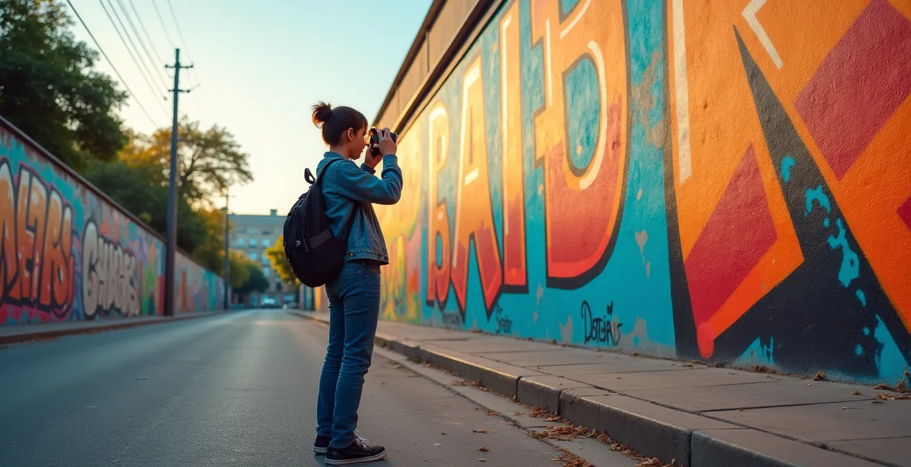 Adolescent photographiant une fresque murale colorée dans un espace urbain