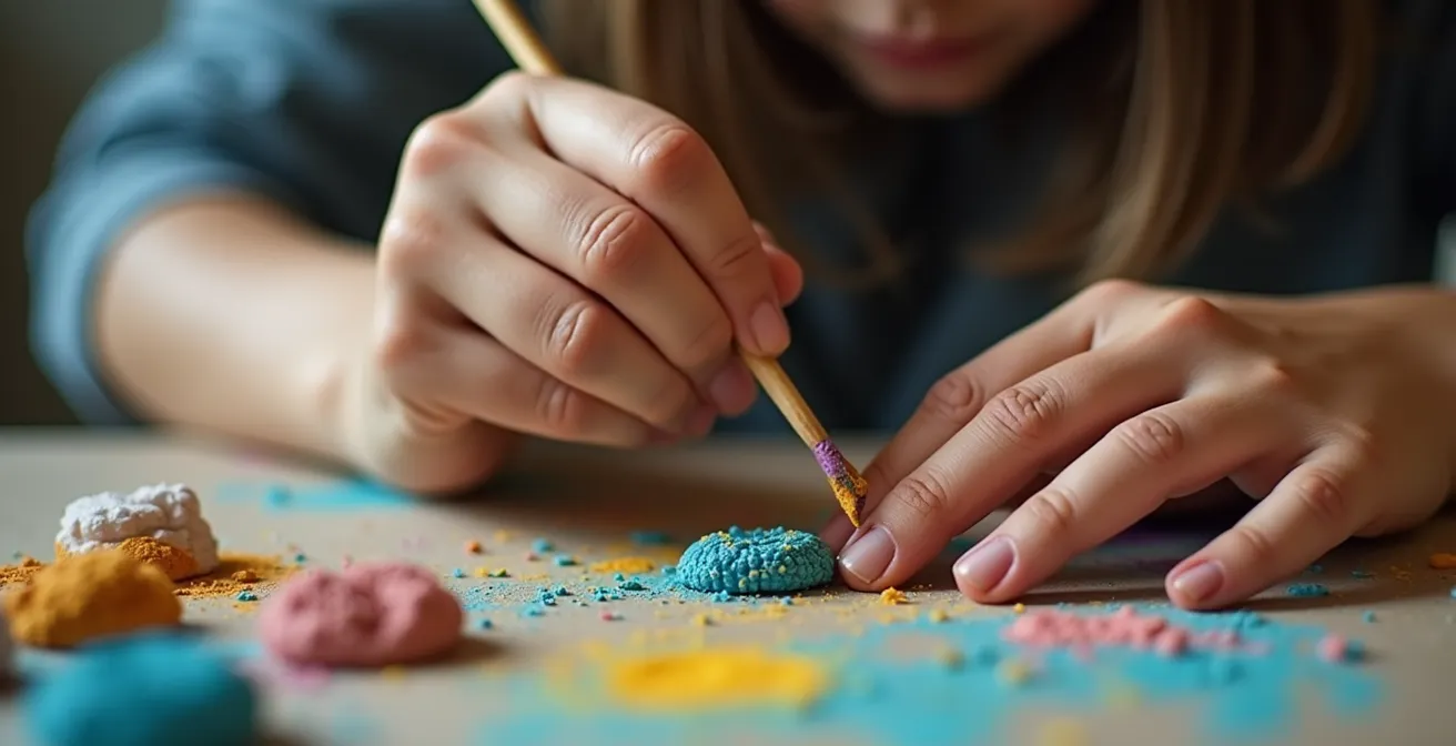 Gros plan sur les mains d'un adolescent concentré sur une activité créative manuelle, comme la peinture ou le modélisme.