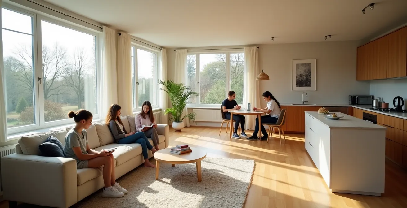Jeunes en groupe avec certains prenant du temps seuls dans différents espaces d'un appartement de vacances.