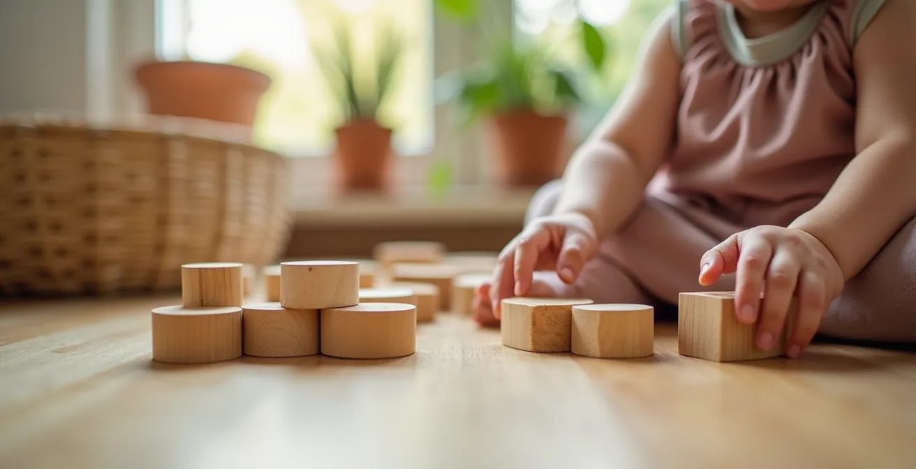 Vue d'ensemble d'un coin jeu sécurisé avec étagères basses et zones thématiques