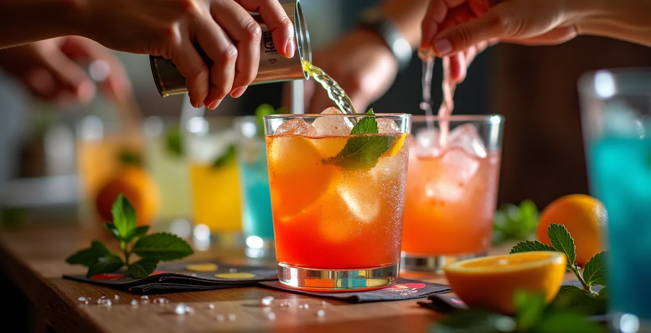 Groupe d'amis préparant des mocktails colorés avec enthousiasme