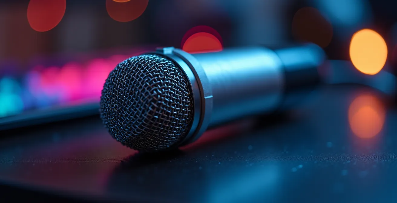 Macro sur un microphone gaming avec ondes sonores colorées symbolisant l'apprentissage linguistique