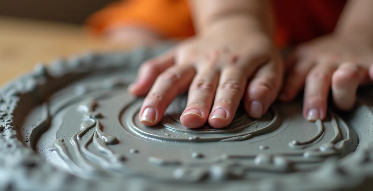 Vue macro de l'argile s'étirant entre les doigts d'un enfant, révélant sa texture apaisante