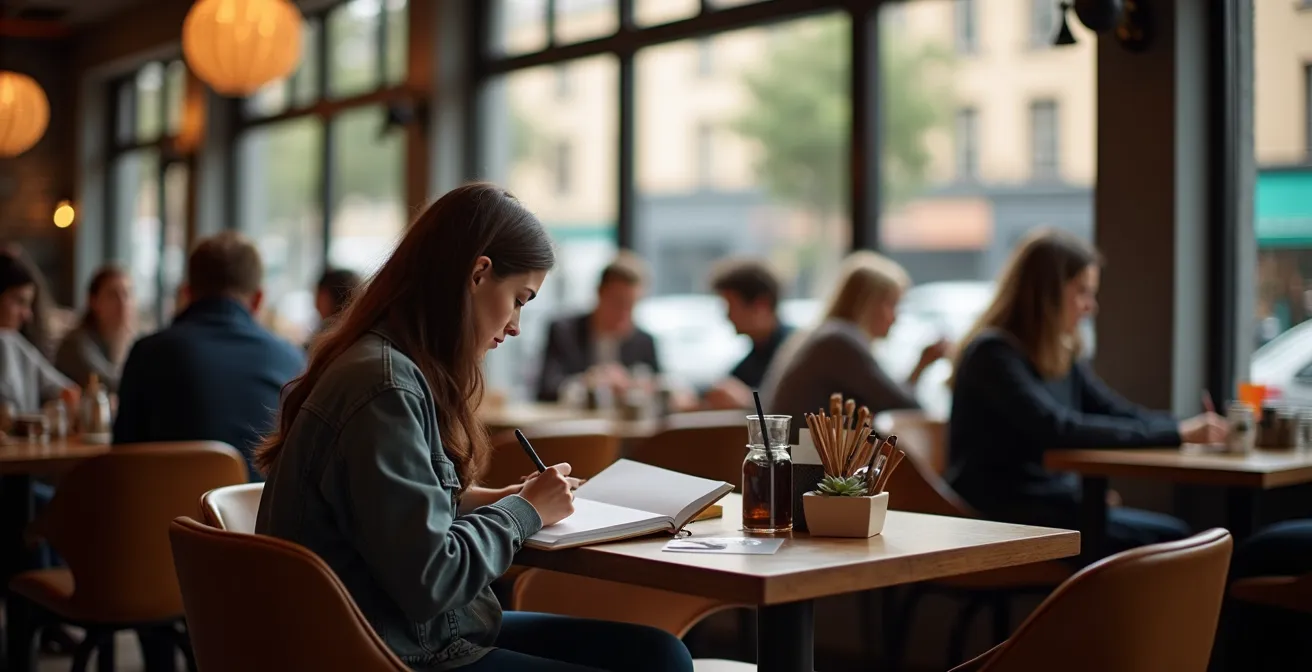 Personne dessinant tranquillement dans un carnet au fond d'un café animé