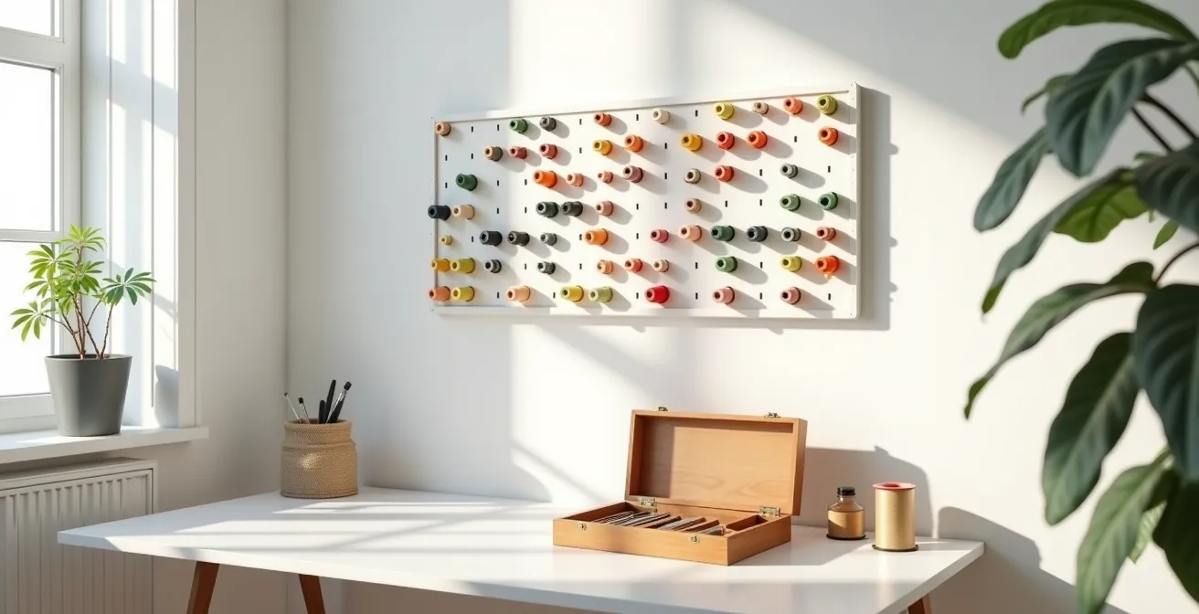 Vue d'ensemble d'un atelier de couture épuré avec rangement d'aiguilles et de fils colorés