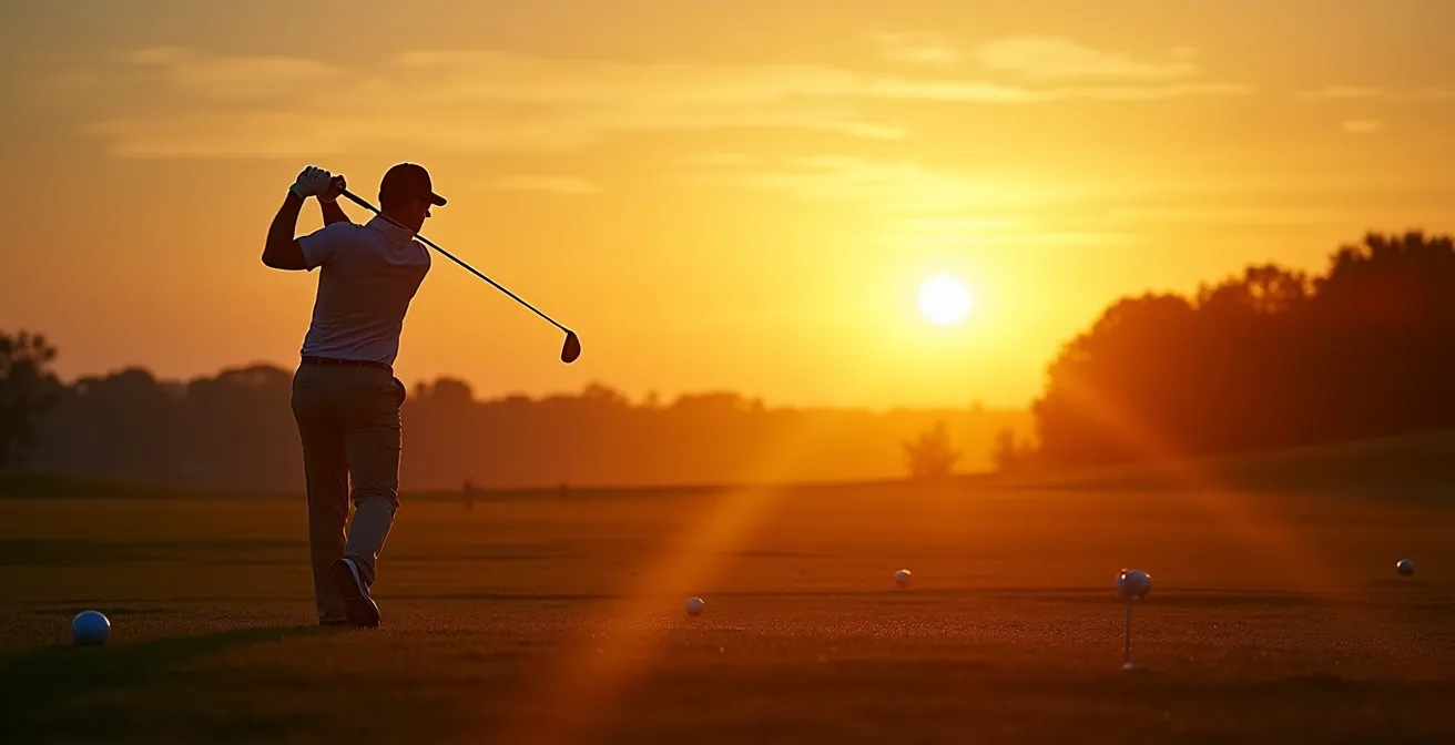 Cadre dirigeant au practice de golf lors d'un coucher de soleil apaisant