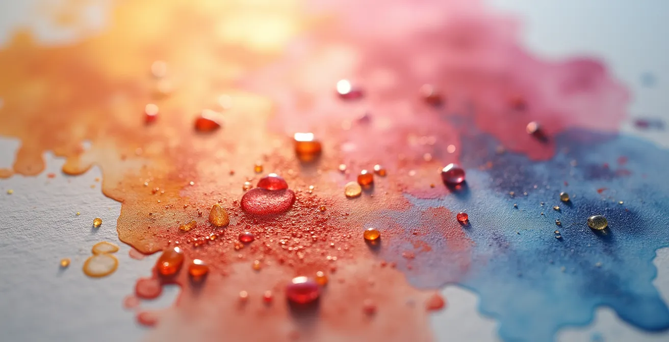 Vue macro d'un carnet d'aquarelle ouvert montrant la texture du papier et des traces de pigments colorés