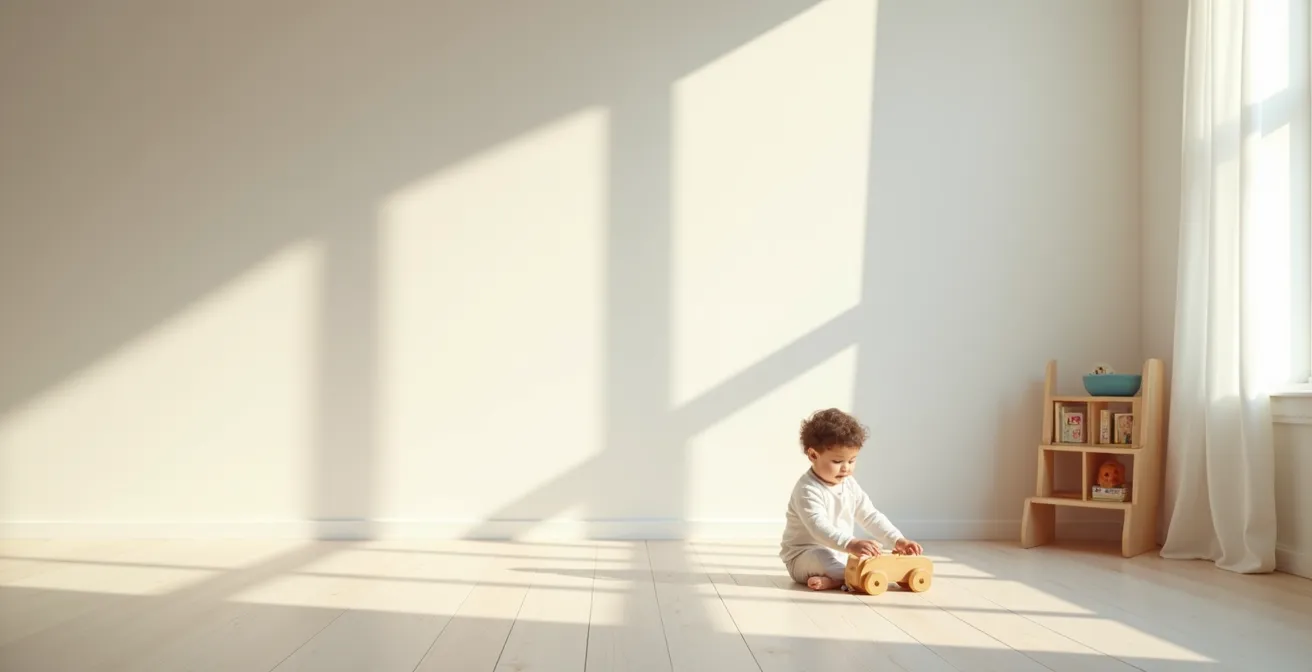 Chambre d'enfant épurée avec quelques jouets soigneusement sélectionnés et beaucoup d'espace libre