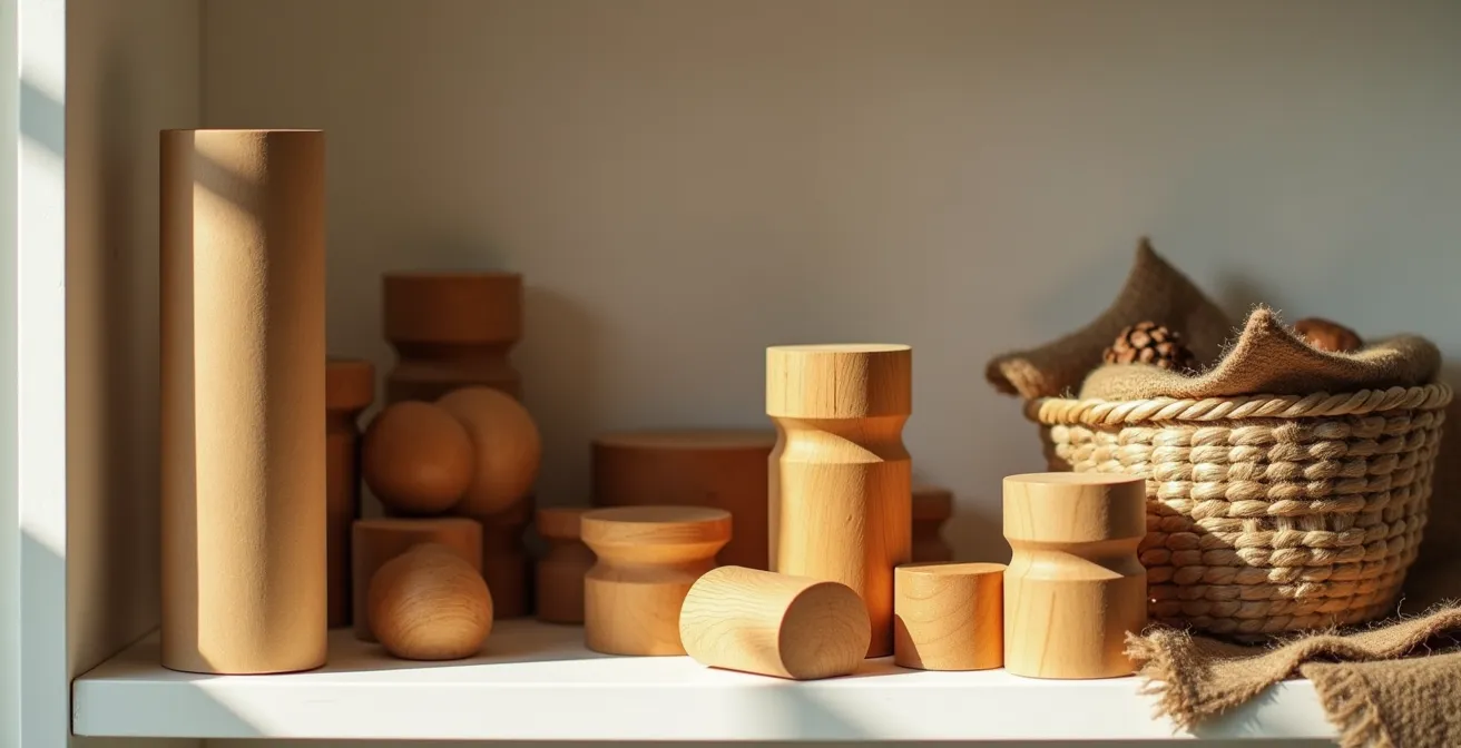Chambre d'enfant épurée avec quelques objets en bois naturel disposés sur une étagère basse
