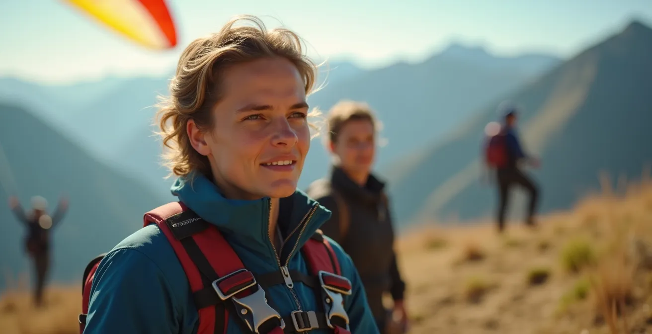 Élève parapentiste en formation sur pente école avec moniteur en arrière-plan