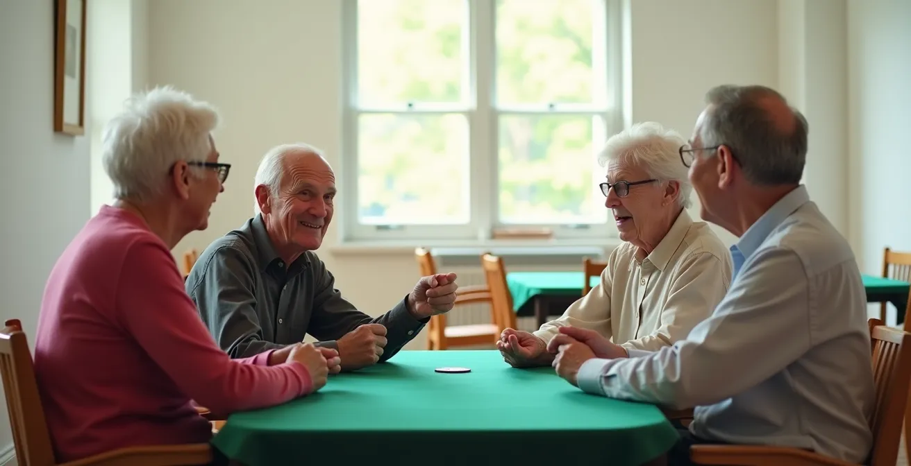 Groupe de seniors autour d'une table de bridge dans un club lumineux, échangeant et communiquant pendant une partie