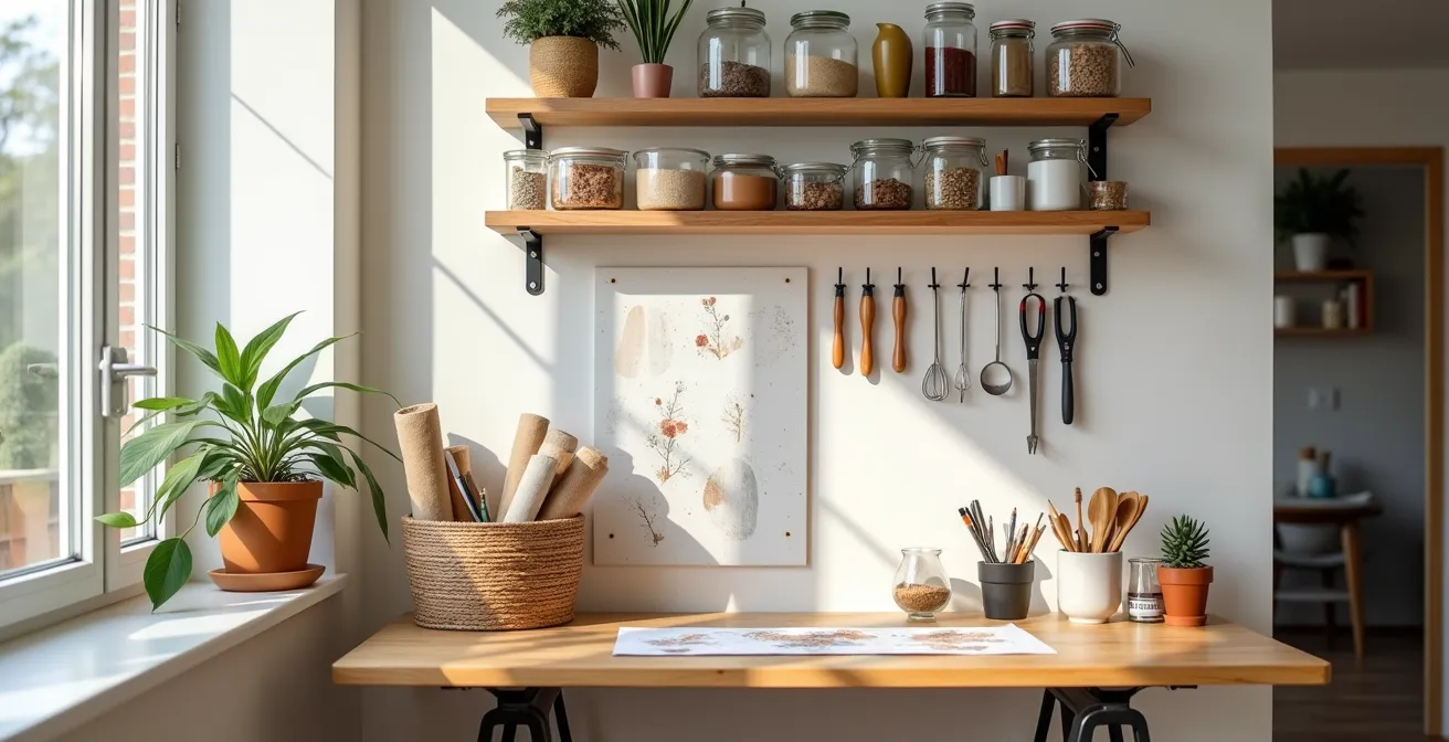 Petit coin atelier créatif intégré harmonieusement dans un salon avec rangements verticaux
