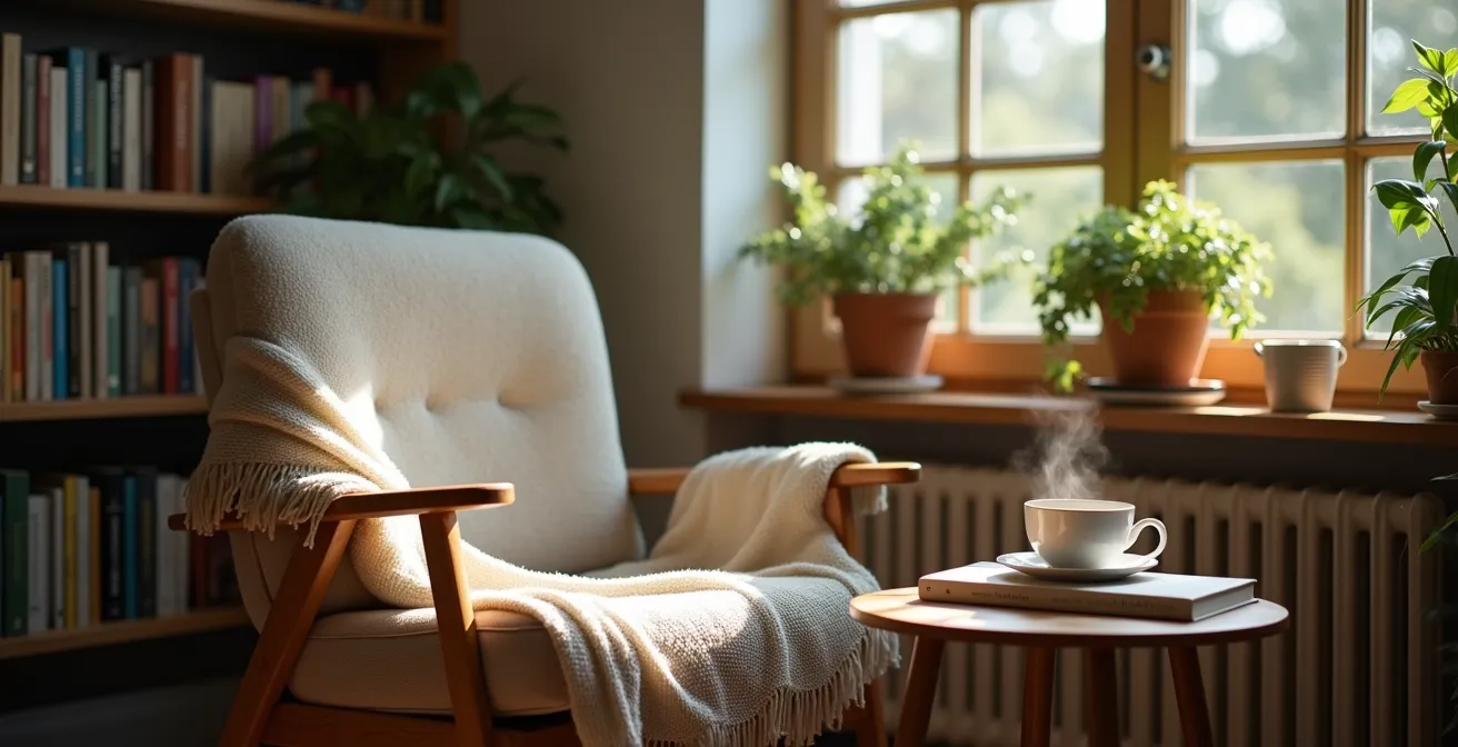 Espace de lecture confortable avec lumière naturelle tamisée et plantes vertes