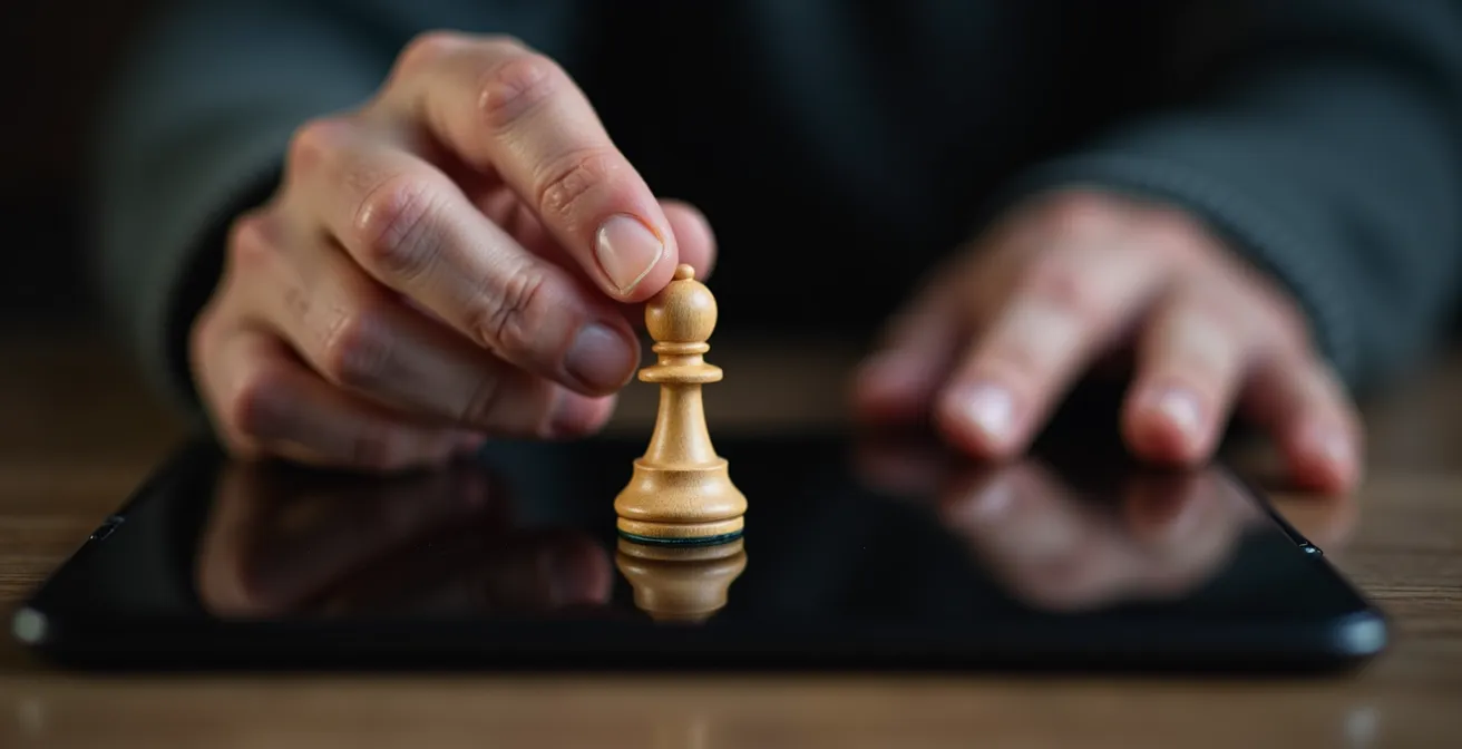 Gros plan macro sur une main tenant simultanément un pion d'échecs et une tablette éteinte, symbolisant le choix entre traditionnel et numérique