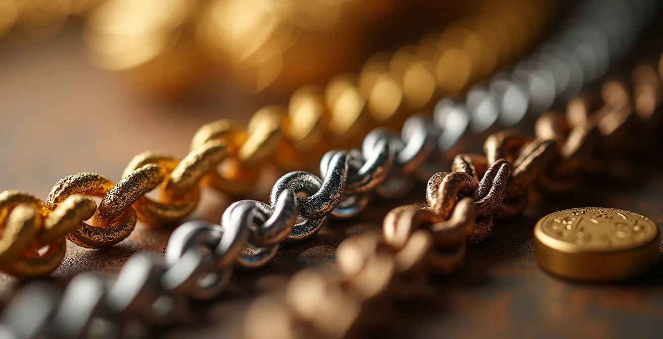 Gros plan sur différents matériaux de bijoux fantaisie : plaqué or, acier inoxydable et laiton