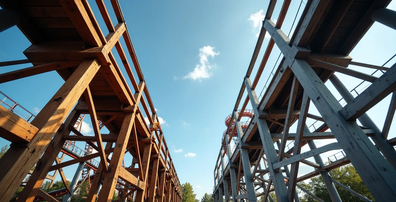 Vue large montrant côte à côte une structure en bois traditionnelle et une structure en acier moderne
