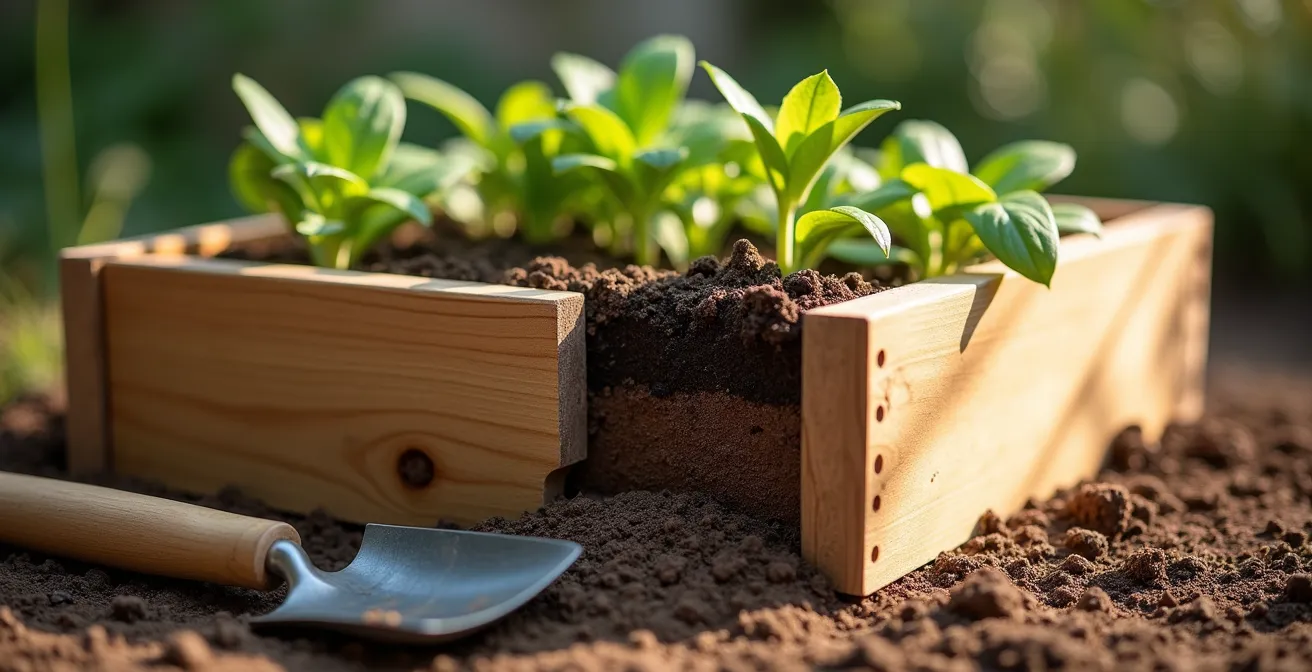 Bac potager surélevé en bois à hauteur ergonomique avec plantes