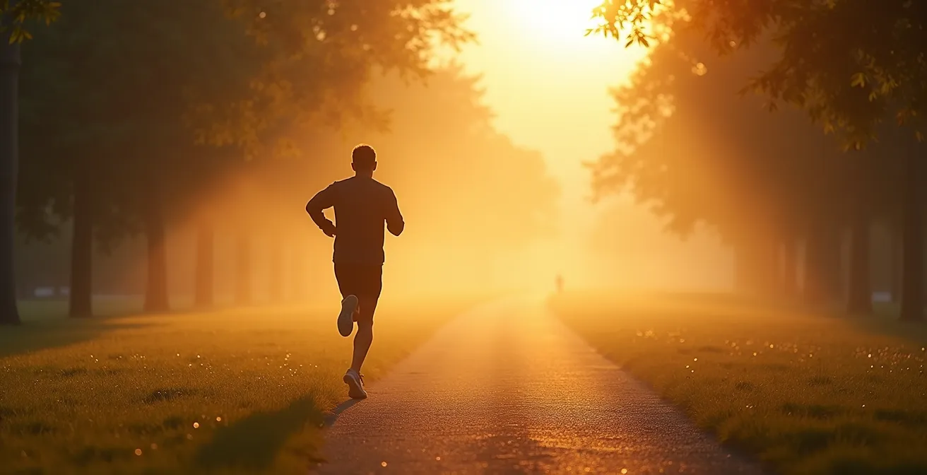 Coureur solitaire dans un parc urbain au lever du soleil