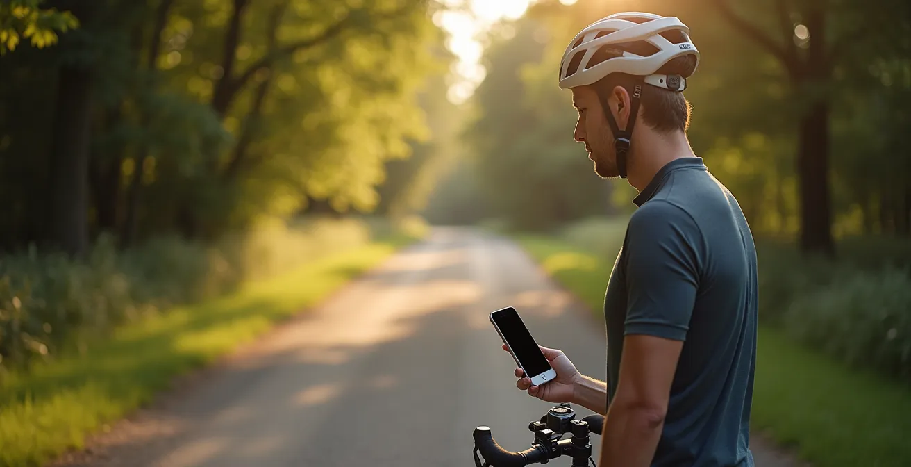 Cycliste consultant son GPS vélo à une intersection de chemins ruraux