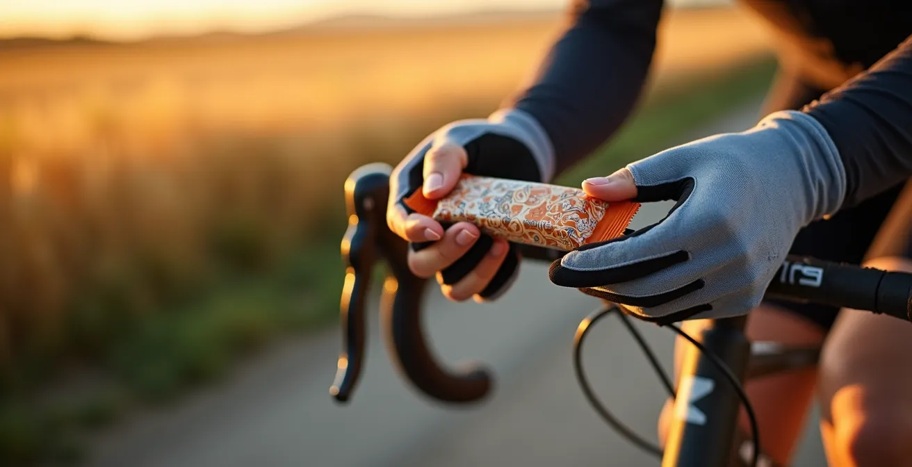 Cycliste faisant une pause énergétique au bord d'un chemin de campagne
