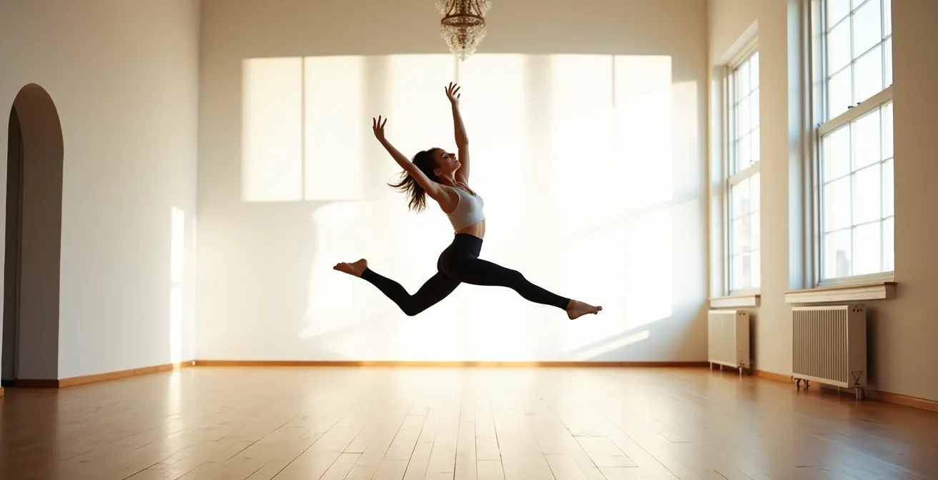 Silhouette de danseur en plein mouvement dans un studio lumineux, expression de liberté totale