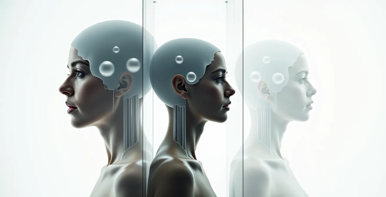 Progression d'un portrait depuis des formes géométriques simples jusqu'au dessin détaillé