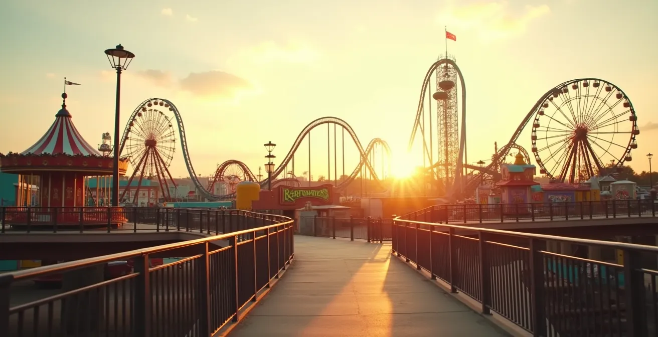 Vue grand angle d'un parc d'attractions montrant une progression de manèges du plus petit au plus grand
