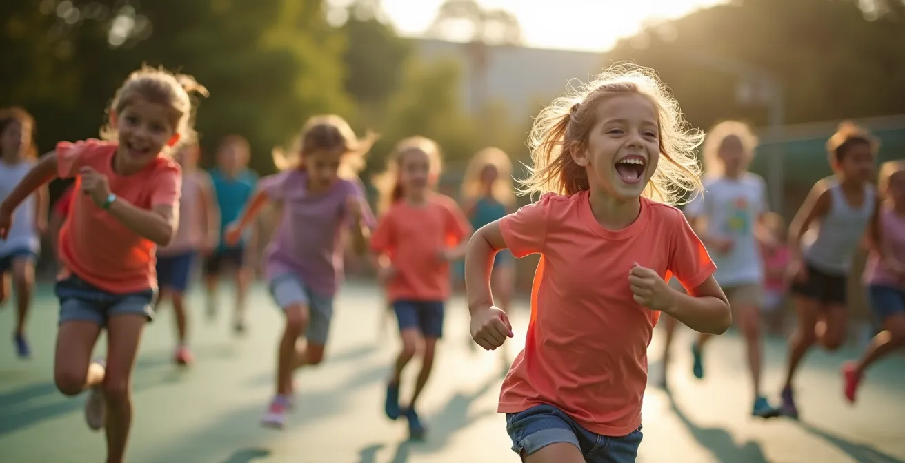 Enfants en mouvement dynamique lors d'activités sportives variées