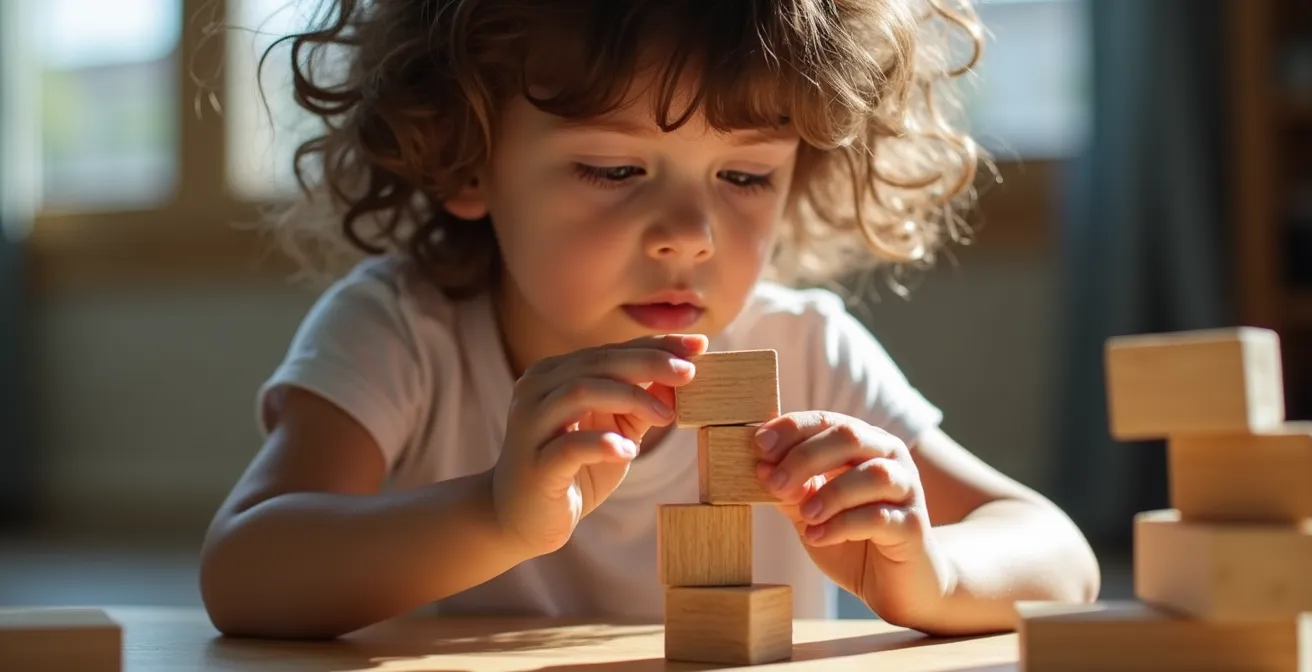 Enfant concentré construisant une tour complexe avec des planchettes Kapla