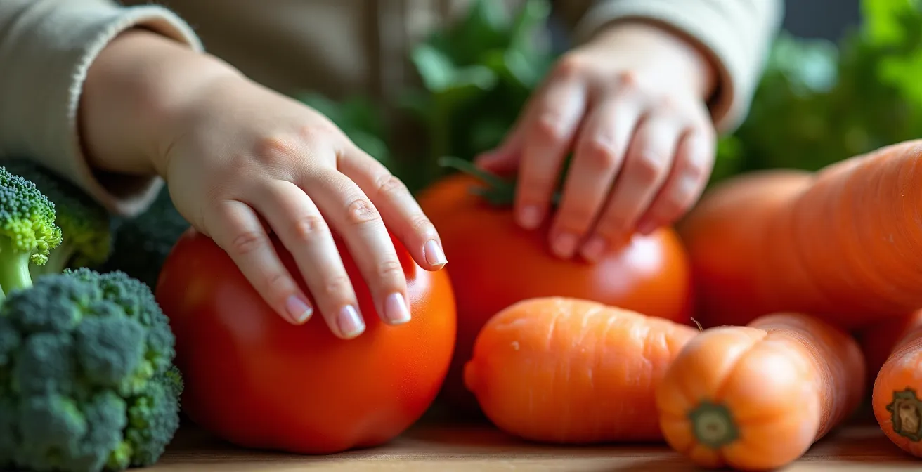 Gros plan sur les mains d'un enfant explorant différentes textures de légumes