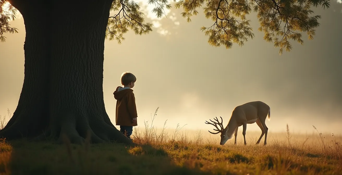 Enfant immobile derrière un arbre observant un chevreuil dans une clairière forestière