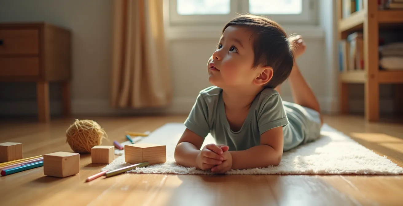 Enfant allongé sur le sol de sa chambre regardant le plafond, entouré de jouets simples