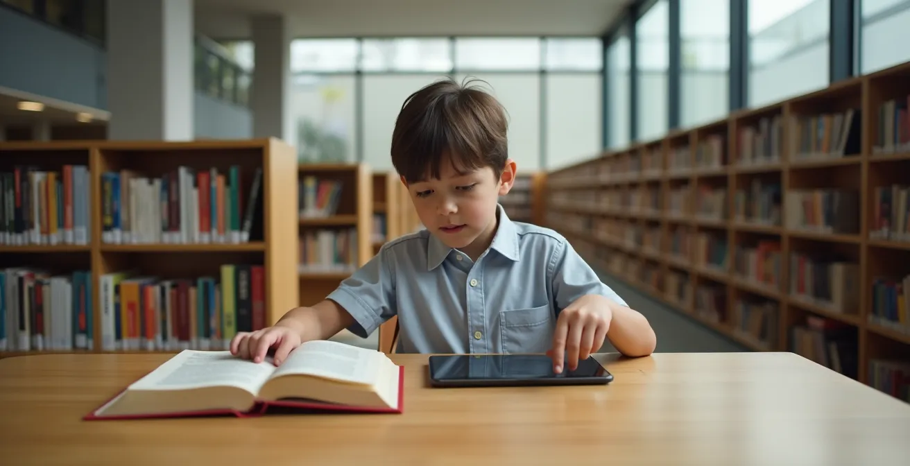 Enfant vérifiant des sources d'information entre livre et tablette dans une bibliothèque