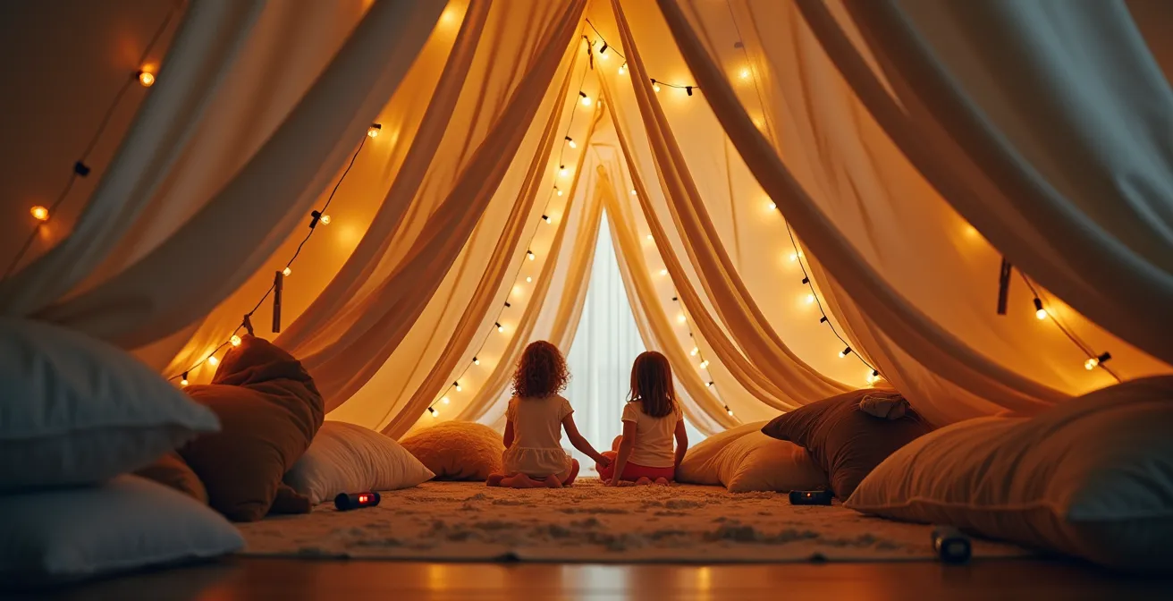 Enfants construisant une cabane avec draps et coussins dans le salon