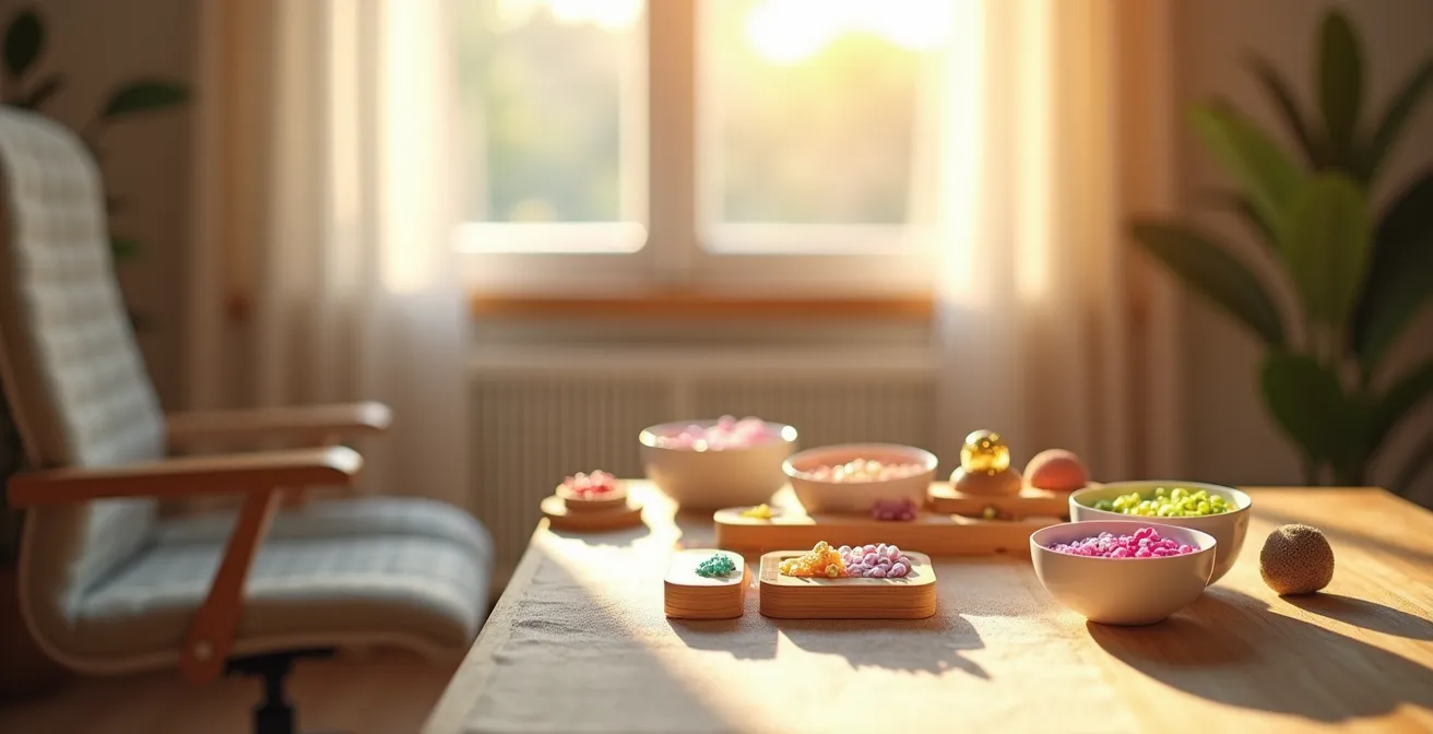 Espace de travail apaisant pour le tissage de perles avec éclairage doux et organisation harmonieuse