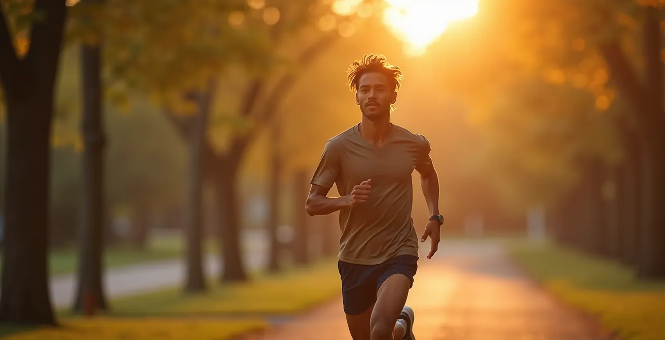 Étudiant en pleine course dans un parc urbain au lever du soleil
