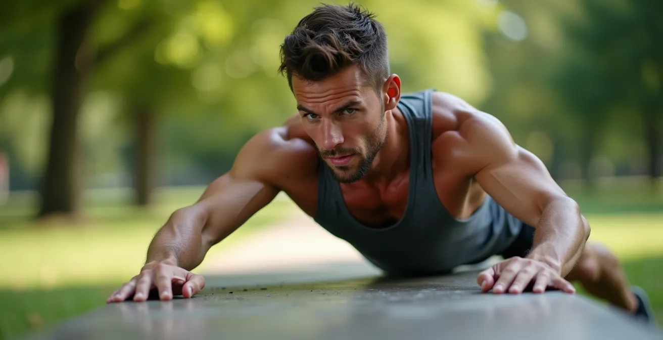 Personne effectuant des exercices de musculation sur un banc public dans un parc