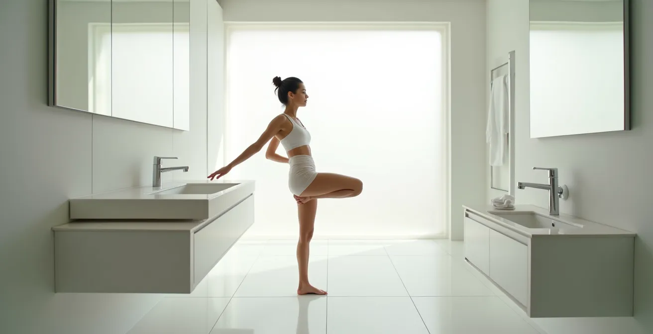 Personne en équilibre sur un pied dans une salle de bain épurée et lumineuse