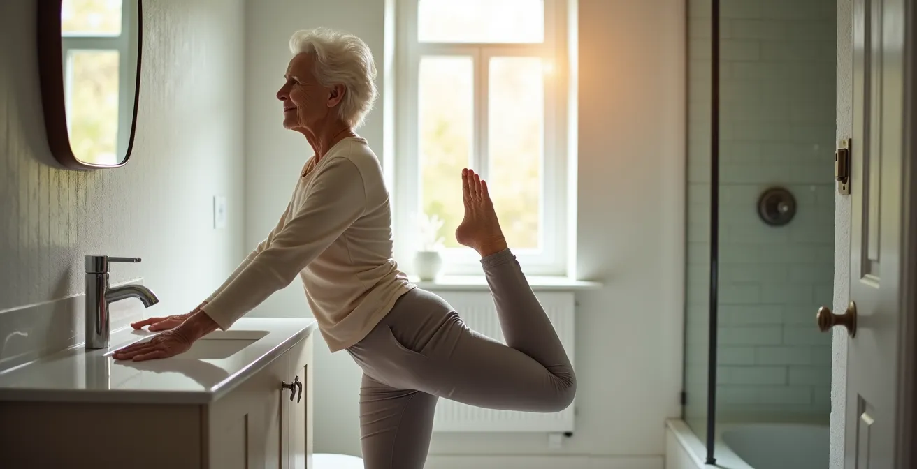 Senior pratiquant un exercice d'équilibre dans une salle de bain lumineuse