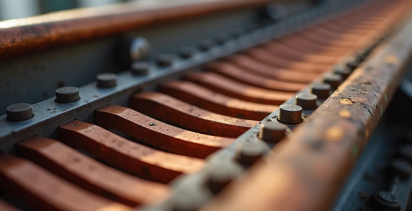 Gros plan macro sur un système de freins magnétiques montrant les aimants et les ailettes de cuivre