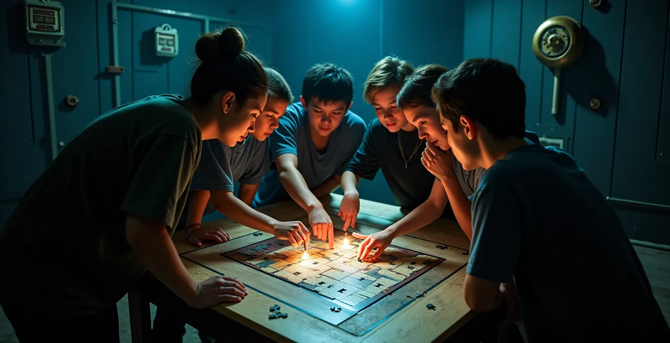 Adolescents collaborant intensément lors d'un escape game