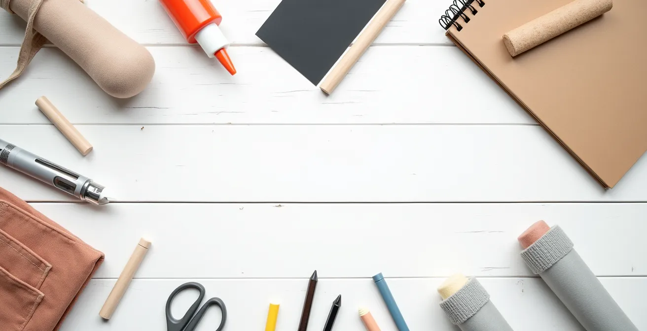 Disposition minimaliste des 5 outils essentiels pour la customisation sur surface épurée