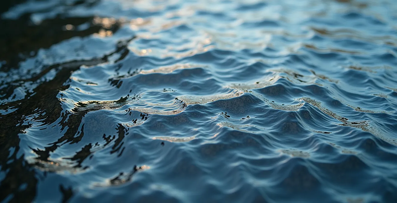 Vue macro détaillée des remous et veines de courant à la surface de l'eau