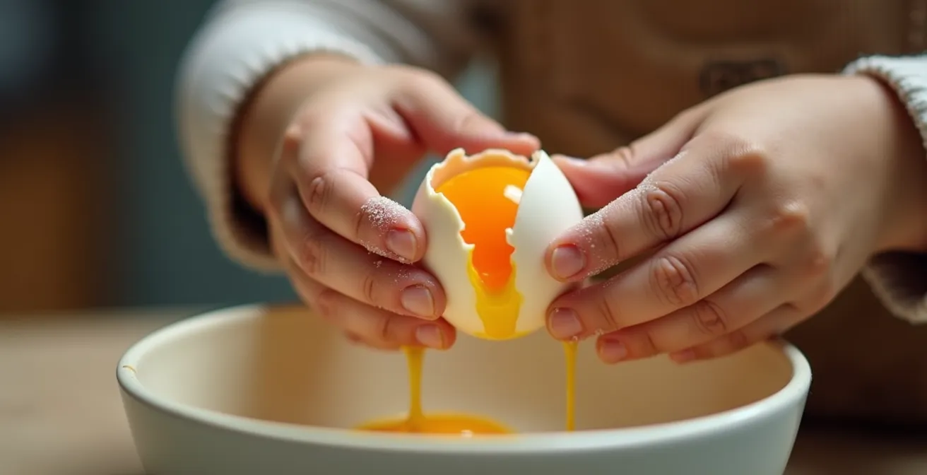 Mains d'enfant cassant délicatement un œuf au-dessus d'un bol
