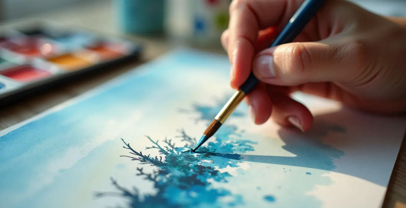 Mains tenant un pinceau d'aquarelle en train de peindre un paysage naturel avec des tons verts et bleus apaisants