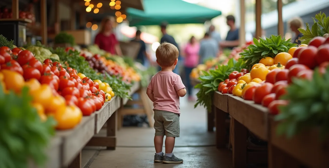 Vue large d'un marché avec un enfant observant l'étal coloré de légumes