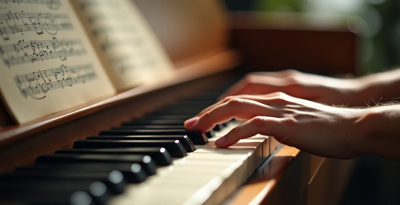 Mains sur un clavier de piano en position d'apprentissage, partitions floues en arrière-plan